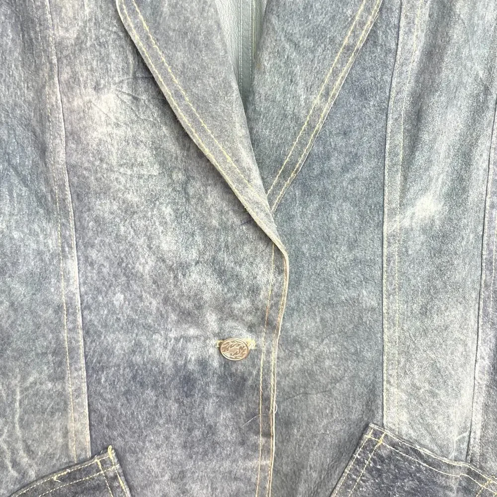 Illia Denim Leather Blazer Sz 8 Blue Suede Denim Look Indie Sleaze Y2K Eclectic - Picture 3 of 10